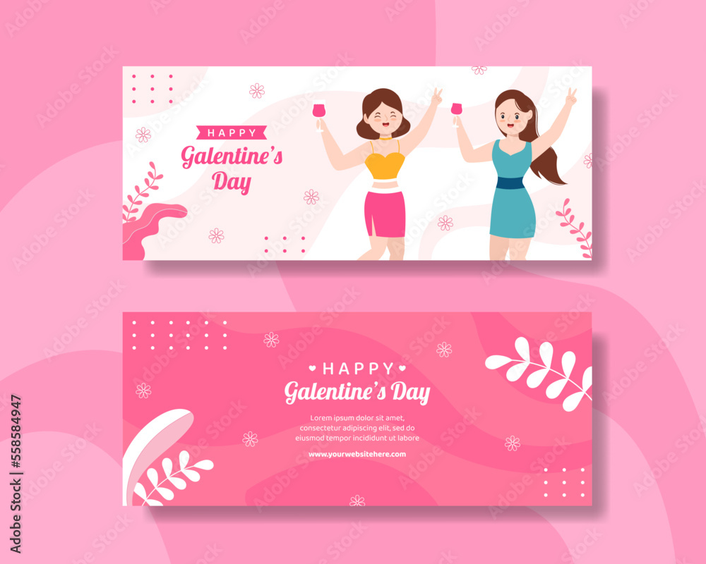 Happy Galentines Day Banner Flat Cartoon Hand Drawn Templates Illustration