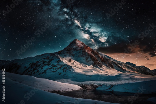 With the twilight, a mountain covered in snow. Generative AI