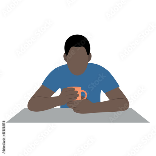 Portrait of a black man at the table with a cup in his hands, flat vector, isolated on white, faceless illustration