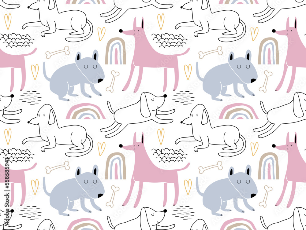 Childish seamless pattern with funny dogs. Childish seamless pattern with funny dogs.