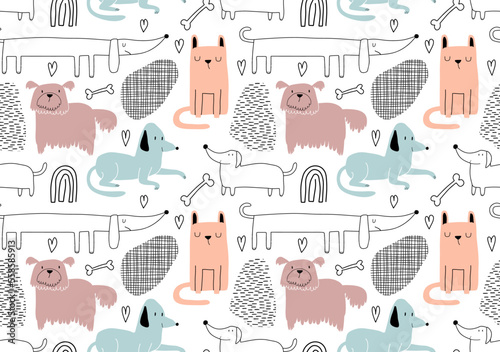Childish seamless pattern with funny dogs. 