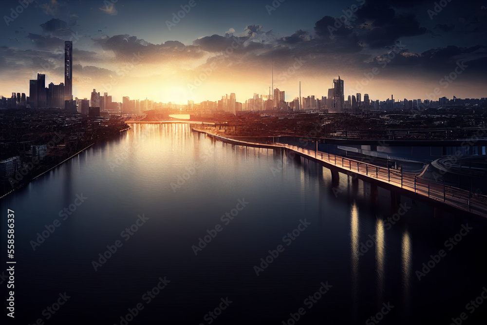 City skyline at sunrise.Ai generated image.