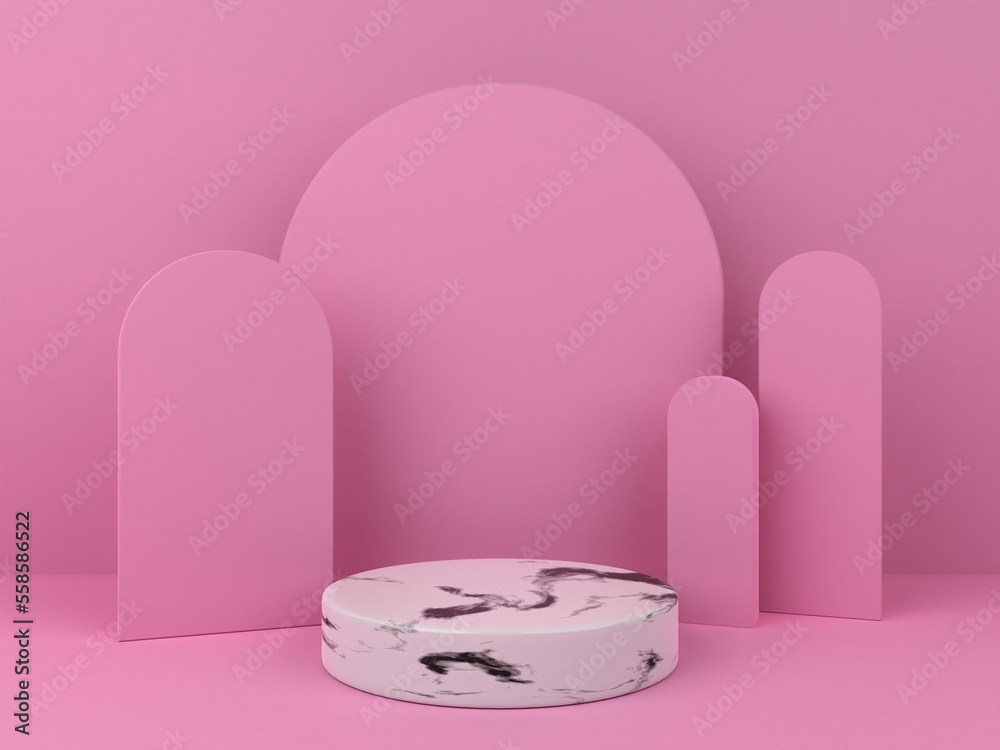 3D marble white podium with pink background. 3D render podium background for product display with marble white podium with concept. Pastel colors scene with geometric shape.
