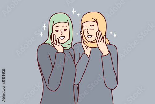 Happy ethnic muslim women with headscarves covering hair smiling. Arabian girls dressed in Islamic clothes and headdresses experience joy and satisfaction with life. Flat vector illustration