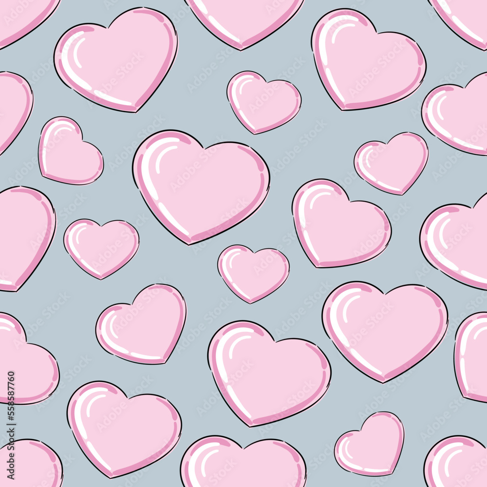 Pink heart seamless romantic pattern on grey art design stock vector illustration for web, for print, for fabric print, for wrapping paper