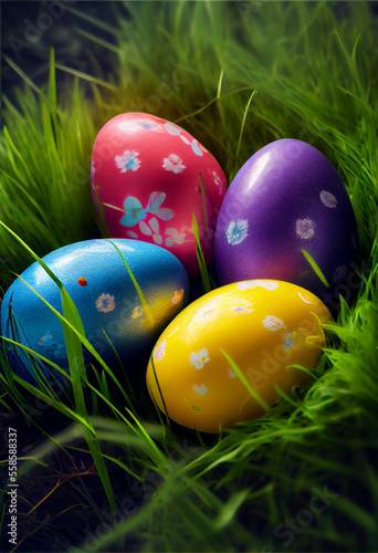 colorful easter eggs on green grass ,