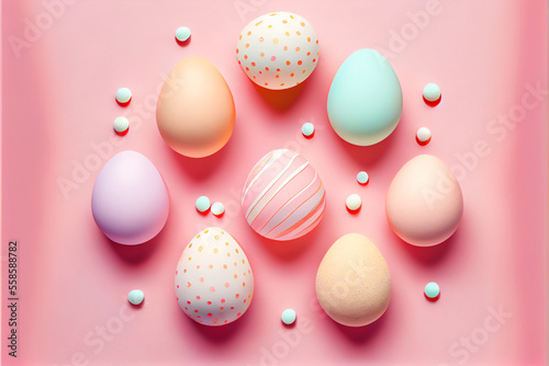 Top view of easter egg multicolored egg on pastel background