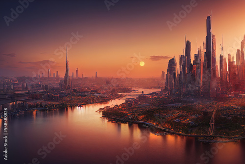 Ai generated illustration of city skyline reflection on the river.Not based on any actual scene/pattern. © freesky0622