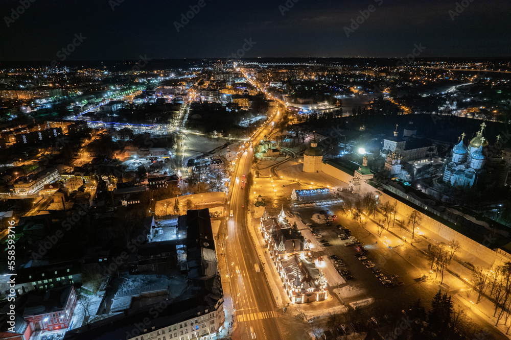 night festive city aerial view, Trinity Sergius Lavra, monastery