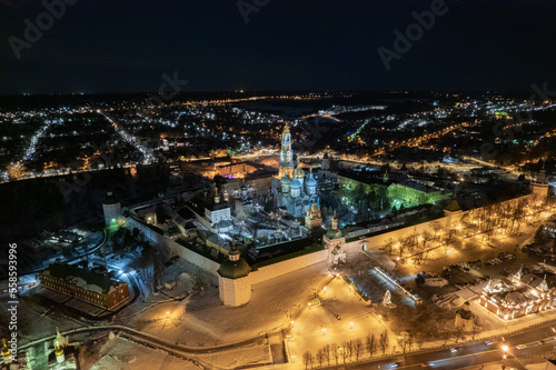 night festive city aerial view  Trinity Sergius Lavra  monastery