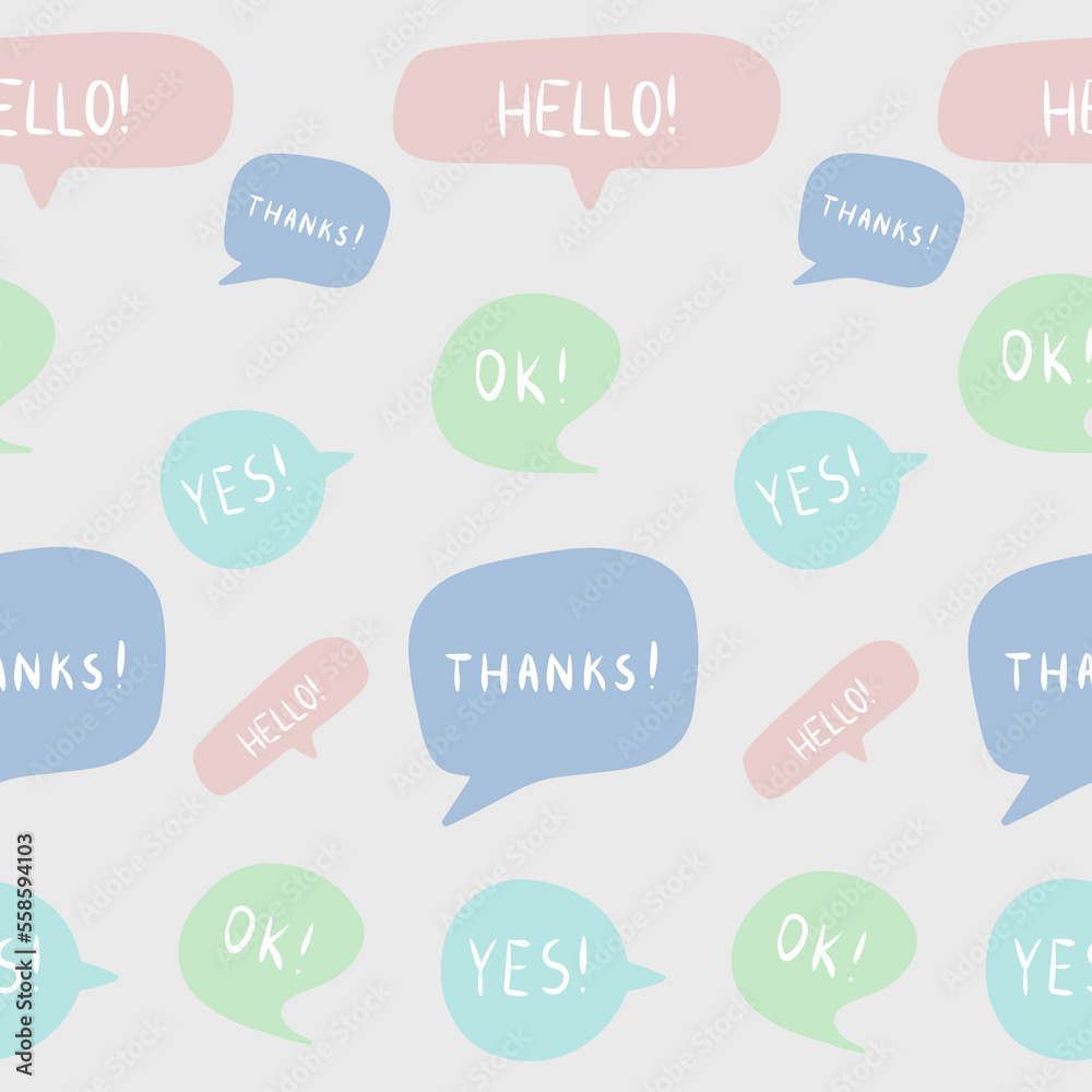 Seamless vector pattern with colorful speech bubbles and phrases.