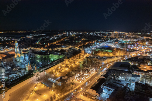 night festive city aerial view, Trinity Sergius Lavra, monastery