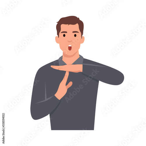 Young man upset showing a timeout gesture, needs stop, asks time for rest after hard work, demonstrates break hand sign. Flat vector illustration isolated on white background photo