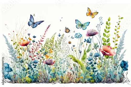Bordure horizontale harmonieuse avec fleurs multicolores abstraites, feuilles et plantes vertes, papillons volants. Motif isolé à l'aquarelle sur fond blanc, prairie d'été illustration panoramique.