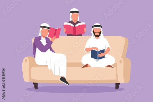 Character flat drawing friendly Arab family reads books together in living room at home. Brothers and children are sitting on couch. Concept of joint family reading. Cartoon design vector illustration