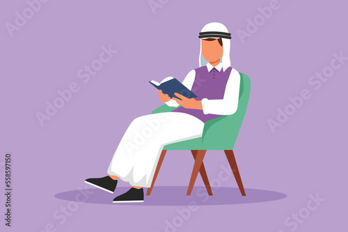 Graphic flat design drawing Arabian man reading book in chair. Side view of male student learning on armchair. Businessman spending spare time by reading literature. Cartoon style vector illustration