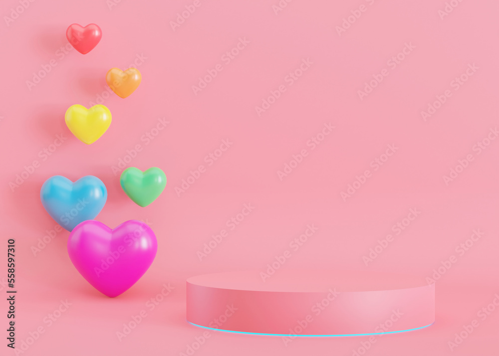 Pink podium with hearts. LGBT rainbow colors. Valentine's Day. Podium for product, cosmetic presentation. Mock up. Pedestal or platform for beauty products. LGBTQ, love, diversity. 3D render.
