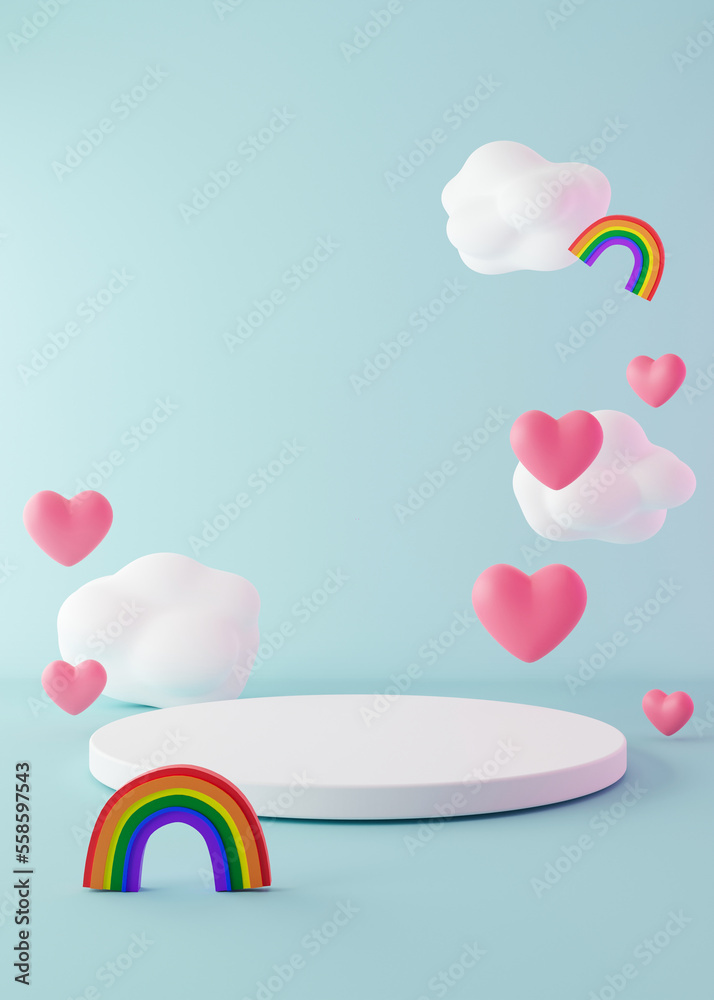 Podium with hearts, clouds, rainbows flying in the air. Valentine's Day. Podium for product, cosmetic presentation. Mock up. Pedestal, platform for beauty products. LGBT, love, diversity. 3D render.