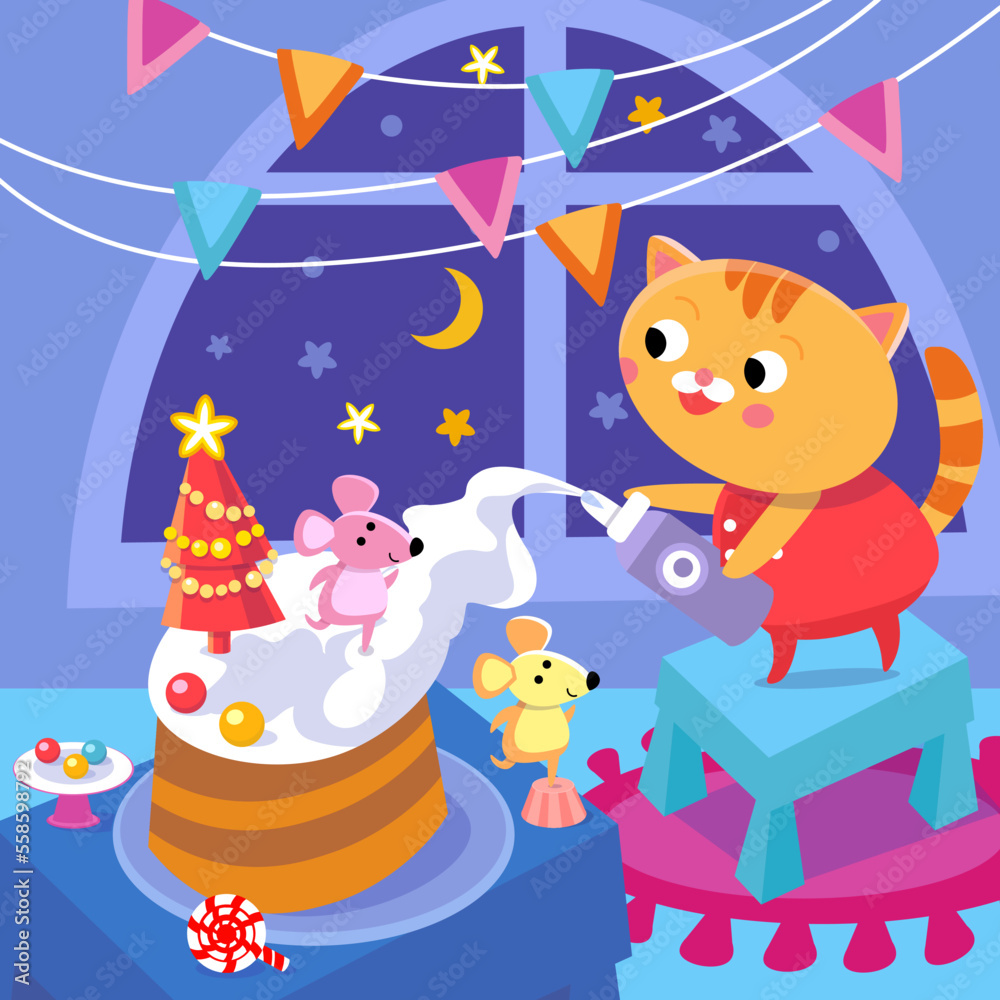 Cute kitten making Christmas cake. Cartoon cat character in room. Funny animal scene for worksheets, cards, books. 