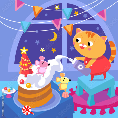 Cute kitten making Christmas cake. Cartoon cat character in room. Funny animal scene for worksheets  cards  books. 
