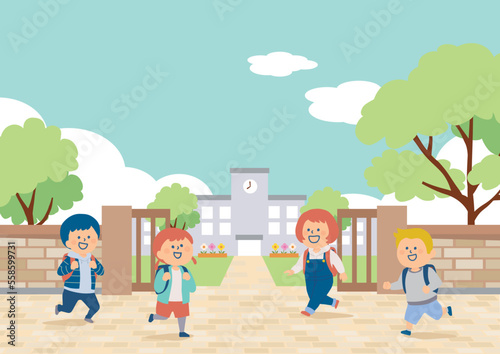 学校に通う小学生のイラスト