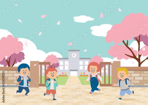 桜の木と学校に通う小学生のイラスト