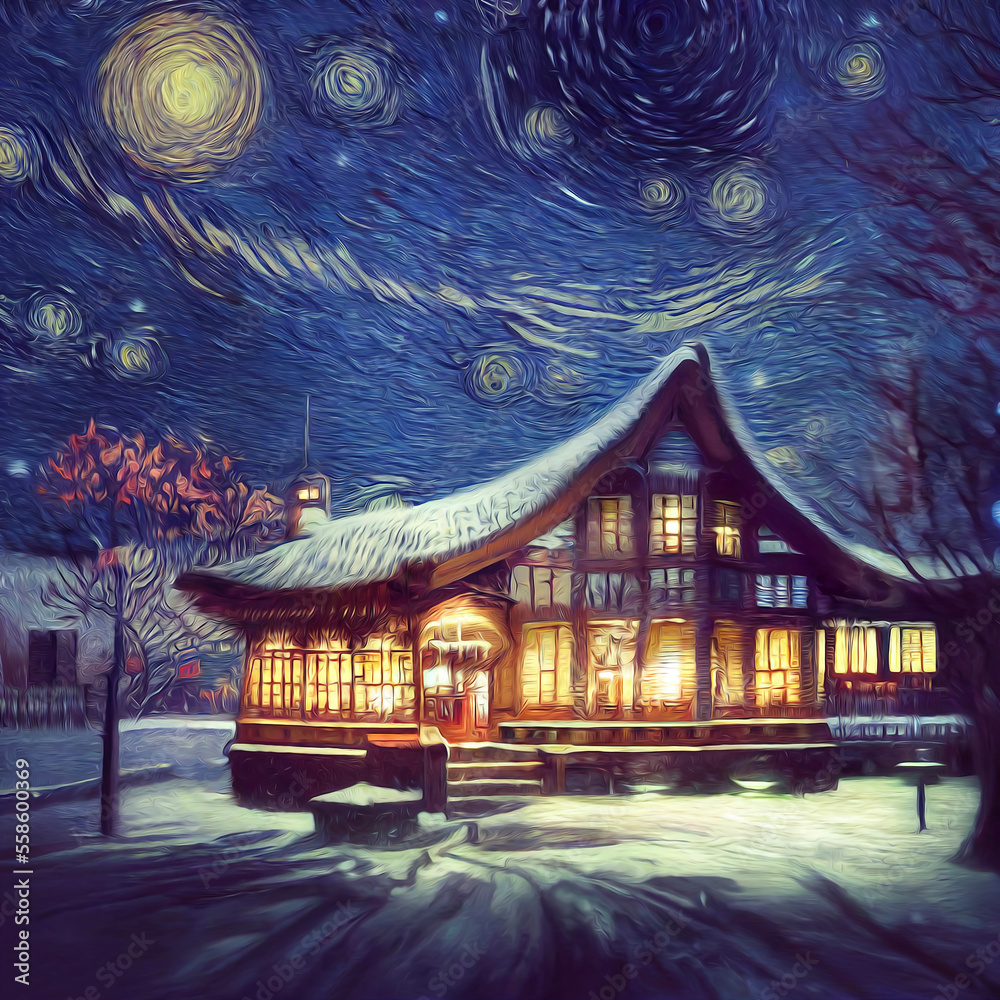 outdoor Christmas scene with magic night sky. illustration of a Christmas house with snow, winter landscape. AI-Generated