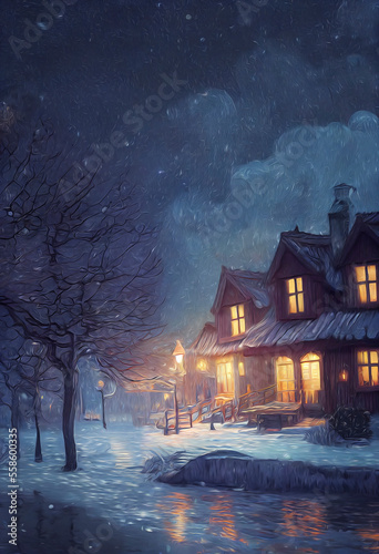 outdoor Christmas scene with magic night sky. illustration of a Christmas house with snow, winter landscape.