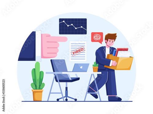 Vector Illustration of Office worker laying off from the jobs.
Boss lays off the employee and the employee leaves from office with carrying box with his things.
Suitable for web, infographic, etc