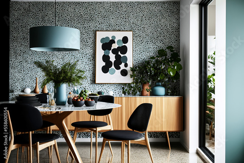 Beautiful mid century modern Australian home with a dining room decorated in the Scandinavian style. Generative AI photo