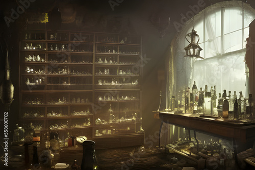 Foto A strange and creepy cabinet of curiosities lab filled with lots of bottles and glass jars