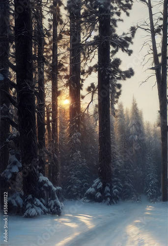 beautiful illustration of a fir forest in the quite winter sun