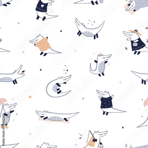 Seamless Scandinavian pattern, cute crocodile animals. Childish background, r...
