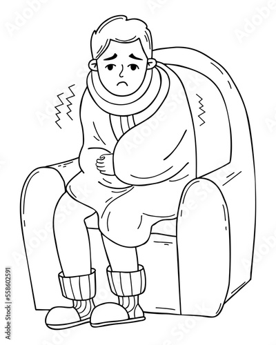 Frozen, sick guy, wrapped in blanket, sits in chair and trembles. Vector Outline illustration in doodle style. Male character concept of cold season, colds and treatment.