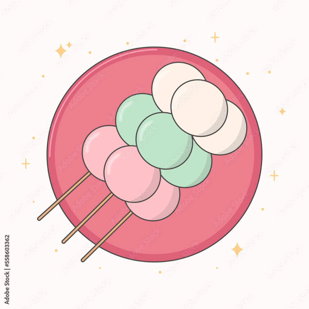 Kawaii japan traditional sanshoku dango on a plate. Sweet dango