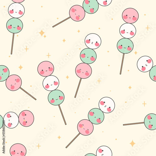 Kawaii japan traditional sanshoku dango seamless pattern. Sweet dango. Traditional Japanese sweets. Asian food. Stock vector illustration.