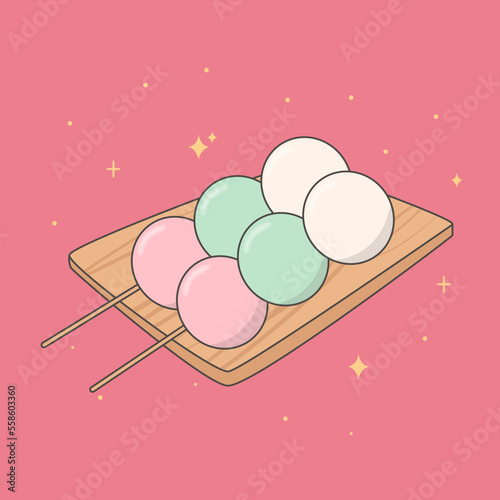 Kawaii japan traditional sanshoku dango on a plate. Sweet dango. Traditional Japanese sweets. Asian food. Stock vector illustration. photo