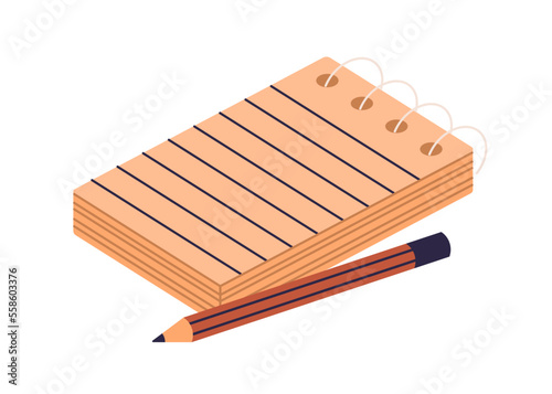 Notepad and pencil. Paper sheet of notebook for memo notes, plans and pen. Blank lined diary, planner on spirals. Organizer for business records. Flat vector illustration isolated on white background