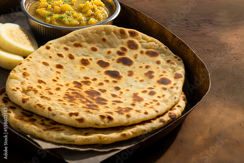 Aloo paratha, a traditional Indian dish, is a flatbread stuffed with potatoes. served with butter, ghee, or curd. selective attention Isolated against a sunny background. Generative AI photo