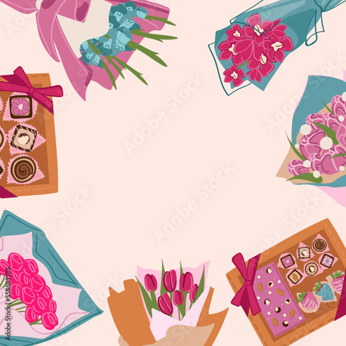 Background with bouquets of flowers, Valentines Day, Women s Day, Mother s Day design in flat style. Festive background, banner, greeting card, and flyer. Vector illustration.