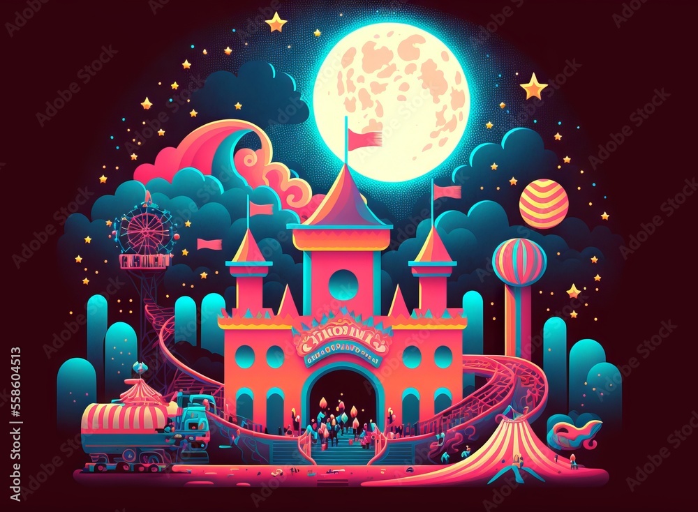 magical playground at might, colorful illustration, 