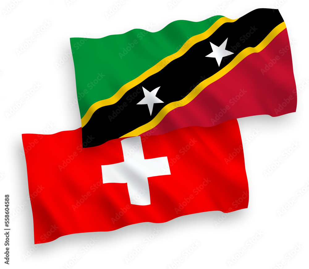 National vector fabric wave flags of Federation of Saint Christopher and Nevis and Switzerland isolated on white background. 1 to 2 proportion. National vector fabric wave flags of Federation of Saint Christopher and Nevis and Switzerland isolated on white background. 1 to 2 proportion.