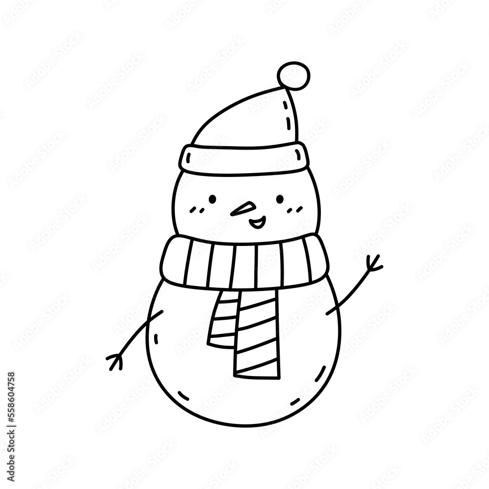 Fototapeta premium Cute snowman in a santa hat and scarf isolated on white background. Vector hand-drawn illustration in doodle style. Kawaii character. Perfect for cards, decorations, logo and Christmas designs.