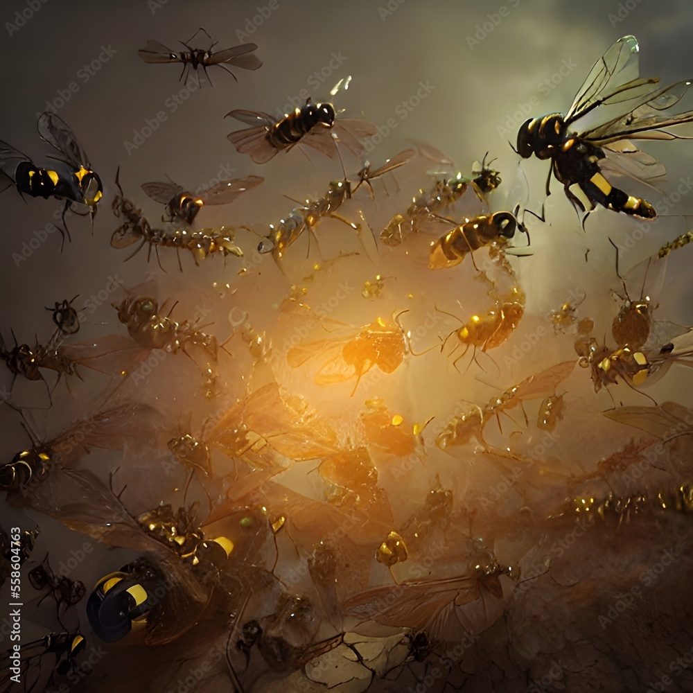 Obraz premium Wasps flying dreamy illustration. Art created with AI technology 