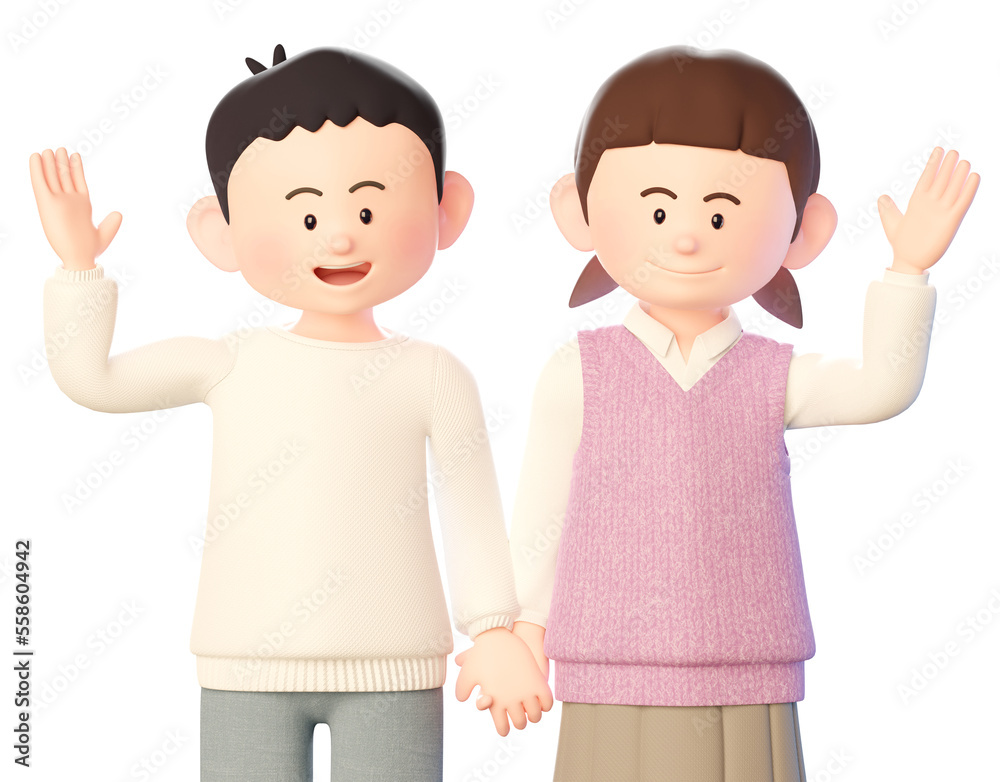 3d illustration of a boy and a girl holding hands and smiling 3d illustration of a boy and a girl holding hands and smiling