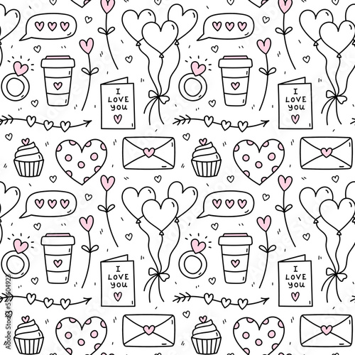 Cute seamless pattern for Valentines Day with hearts, arrows, balloons, love letters and envelopes. Vector hand-drawn doodle illustration. Perfect for holiday designs, print, decorations, wrapping.