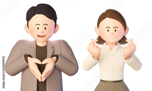 Fototapeta Naklejka Na Ścianę i Meble -  3d illustration of a young man and a woman making a heart shape with their fingers
