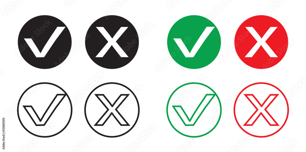 Check list and cancel icon ; simple, vector, illustration, flat design ;isolated in white background ; colored black, white, green and red Check list and cancel icon ; simple, vector, illustration, flat design ;isolated in white background ; colored black, white, green and red