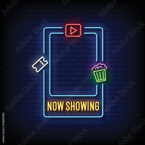 neon sign now showing with brick wall background vector illustration