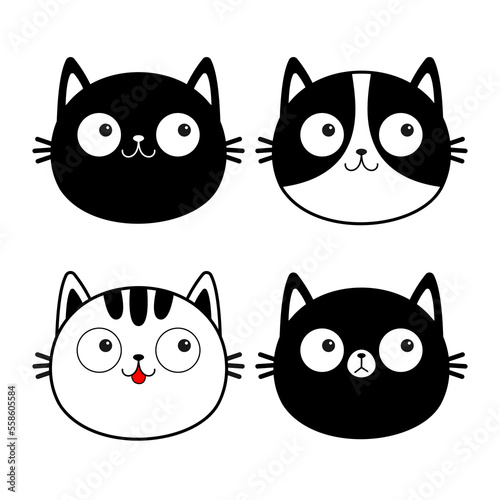 Fototapeta Naklejka Na Ścianę i Meble -  White black cat face head line contour silhouette icon set. Cute cartoon funny character. Different emotions. Funny kawaii smiling sad doodle animal. Pet collection. Flat design Baby background